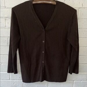Brown Cardigan Sweater V-Neck Ribbed Knit Long Sleeve See Measurements NO SIZE